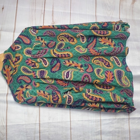 Vintage 70s Mod Green Whimsical Paisley Button Down Neck Tie Blouse Size Large - Picture 6 of 9